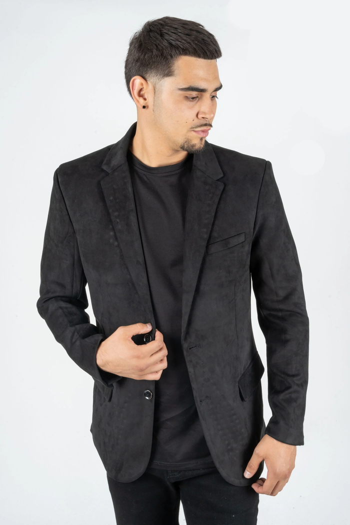 Mens Double Button Faux Suede Black Blazer