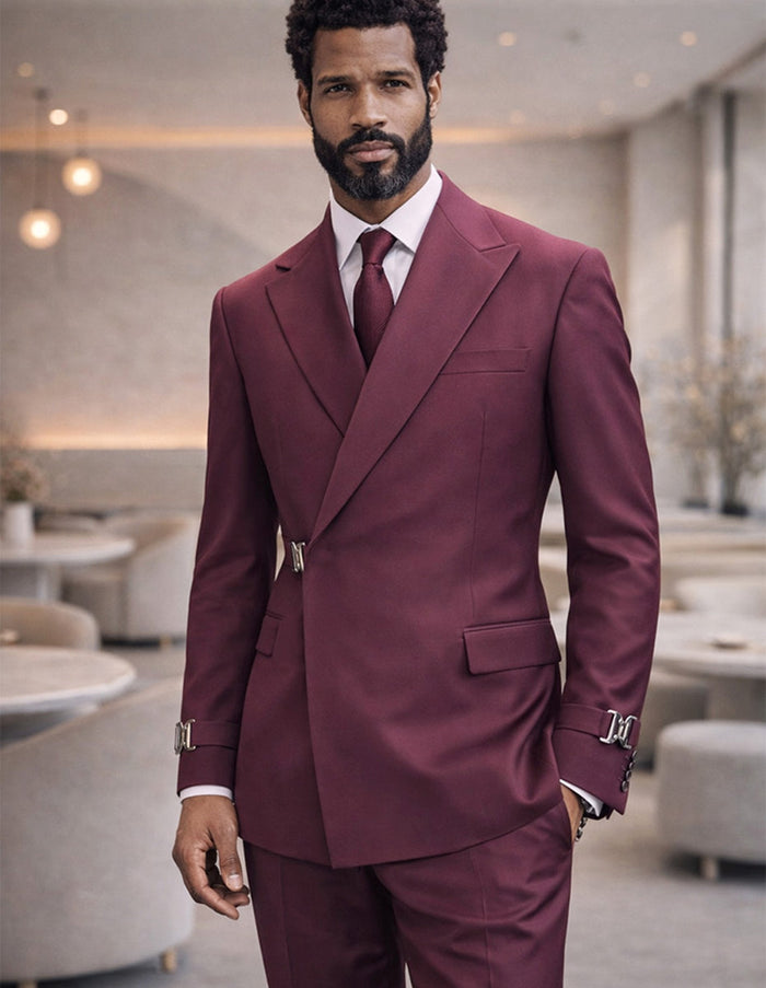 Statement Double Breasted Belted Burgundy Wool Tailored Fit Trendy Suit Bolanzo