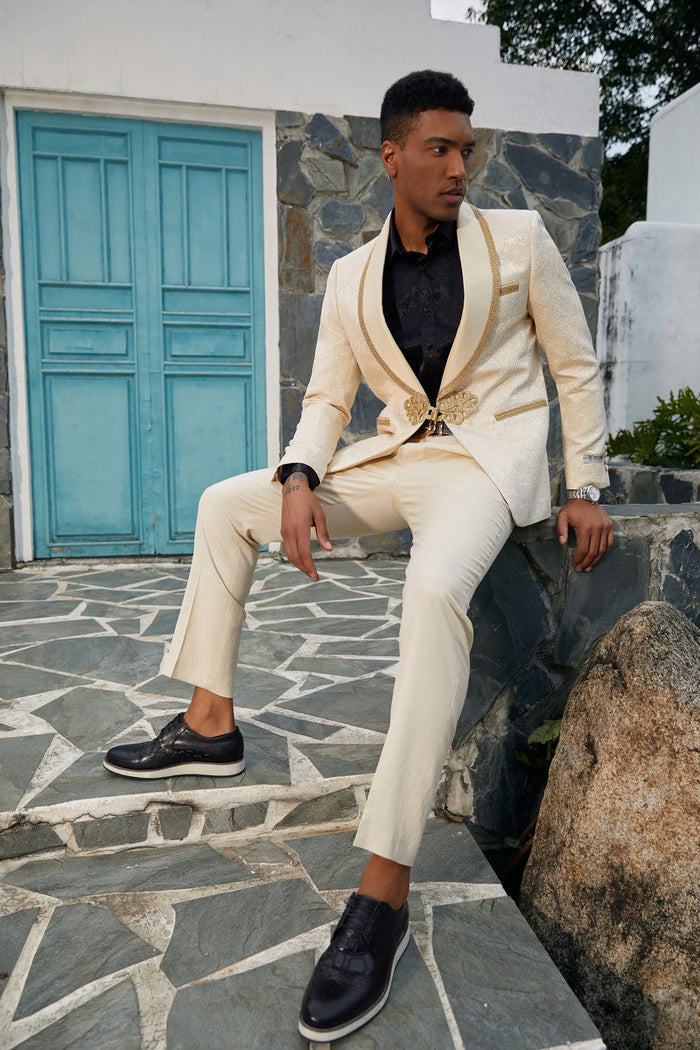 Elevate Your Prom and Wedding Style: Stacy Adams Ivory & Gold Paisley Tuxedo Jacket