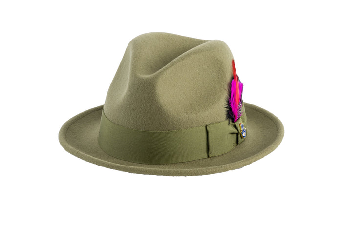 Olive Green Brooks Trilby 100% Australian Wool Felt Crushable Hat by Ferrecci