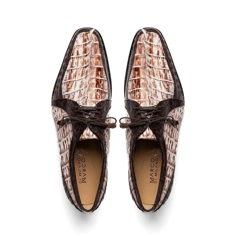 Marco Di Milano Caribe Men's Shoes Rustic White & Brown Genuine Hornback Caiman Crocodile Dress Derby Oxfords