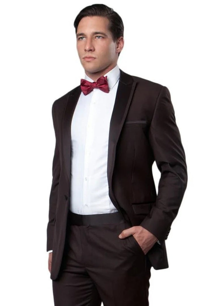 Brown Prom Tuxedo Suit - Brown Wedding Suit - Men's Slim Fit One Button Satin Trim Peak Lapel Prom & Wedding Tuxedo