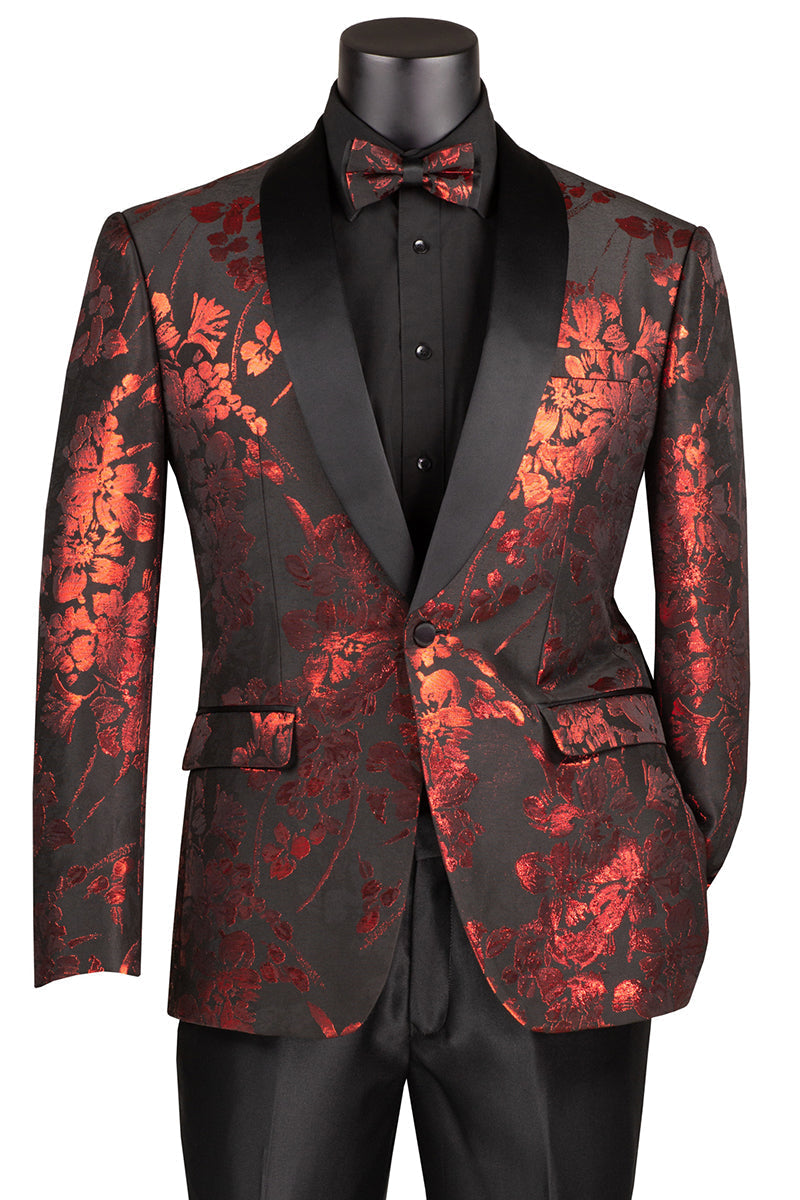 Men's Shiny Foil Floral Paisley Tuxedo Jacket - Red