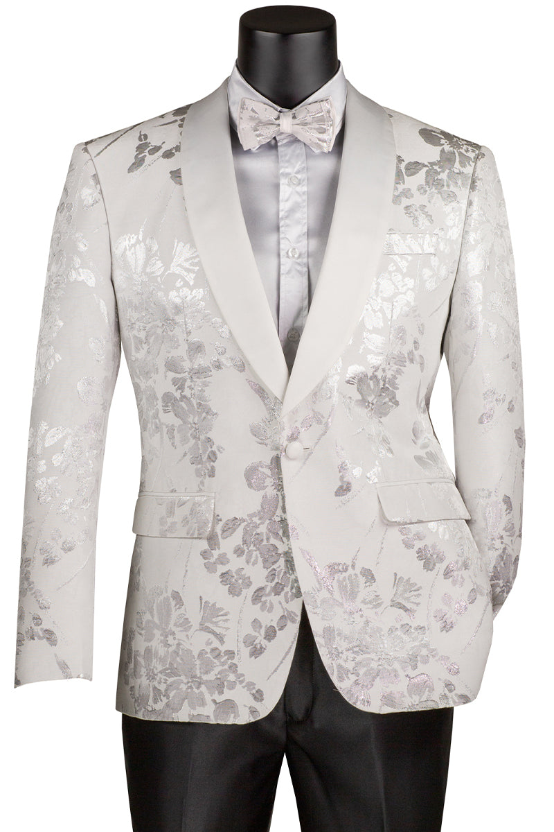 Men's White Shiny Foil Floral Paisley Tuxedo Jacket