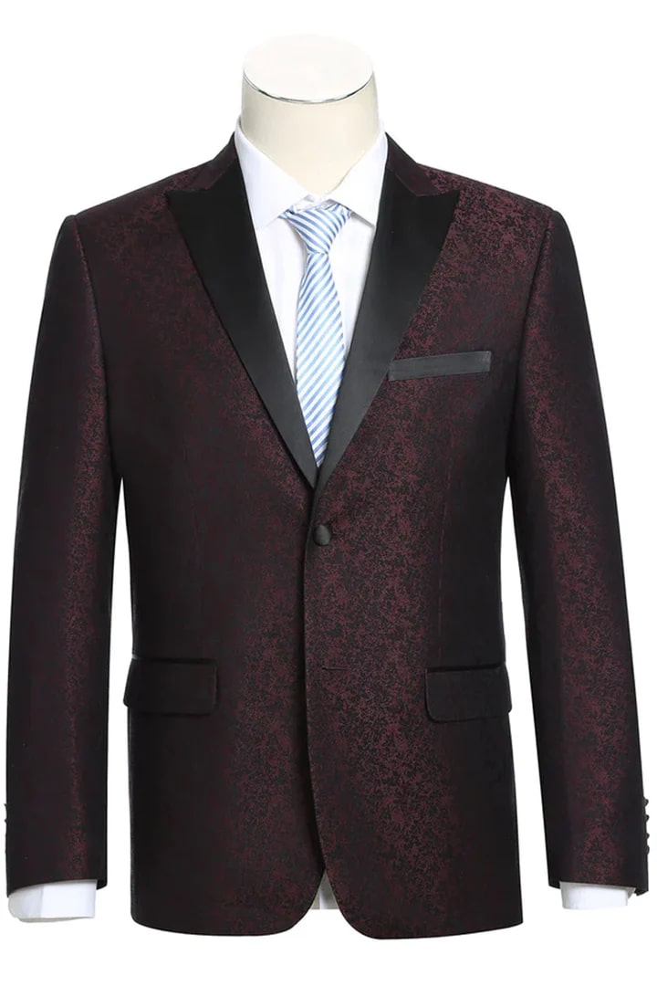 Burgundy Prom Tuxedo Suit - Burgundy Wedding Suit - Mens Two Button Peak Lapel Paisley Prom Tuxedo Blazer by PROMTUXEDO