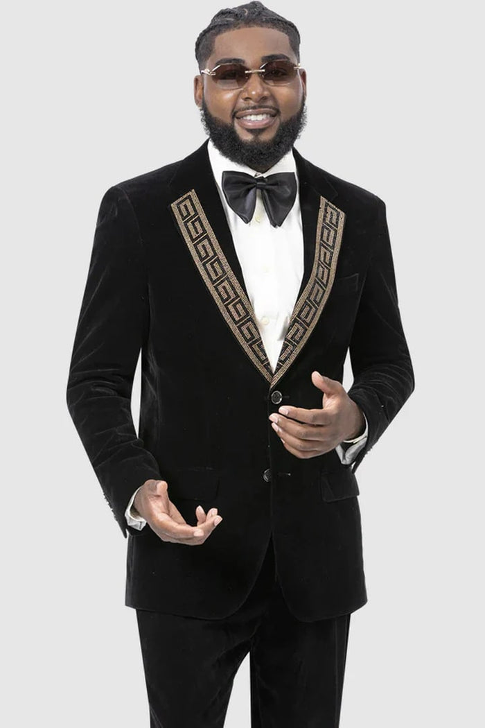 Black Prom Tuxedo Suit - Black Wedding Suit - Mens Modern Fit Velvet Tuxedo Suit With Gold Sequin Lapel Embellishment
