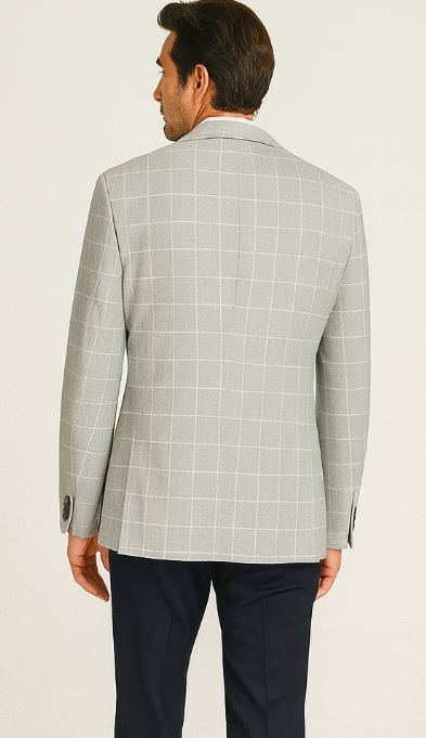 Renoir Sport Coat Blazer - Slim Fit, 2 Buttons, Light Grey Ash Windowpane Plaid