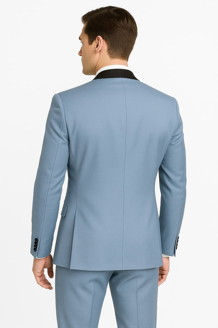 Sky Blue Tuxedo with Black Shawl Lapel Slim Fit Prom and Wedding Suit in Baby Blue Color - Light Blue by USA Men's Outlet