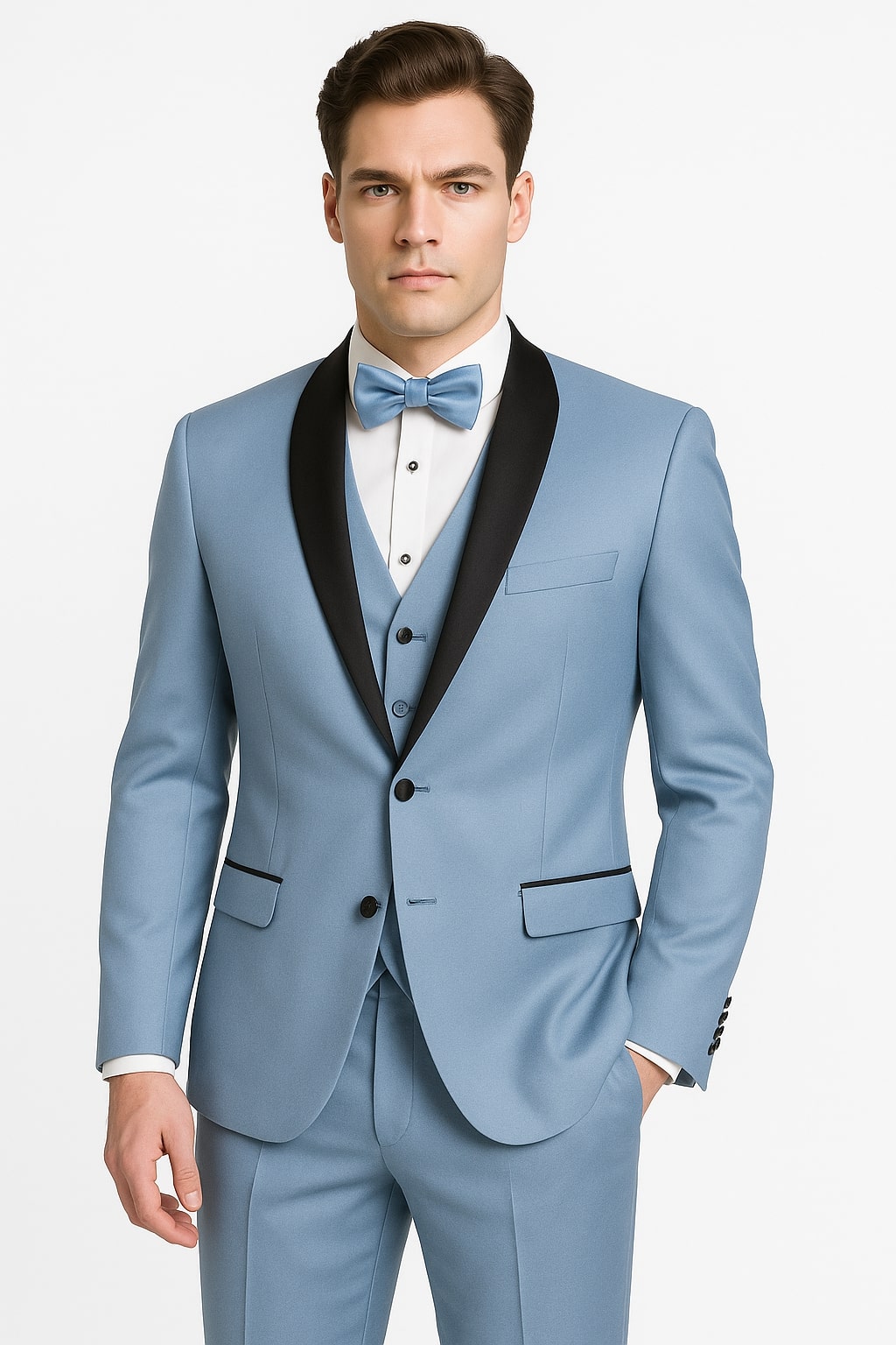 Sky Blue Tuxedo with Black Shawl Lapel Slim Fit Prom and Wedding Suit in Baby Blue Color - Light Blue