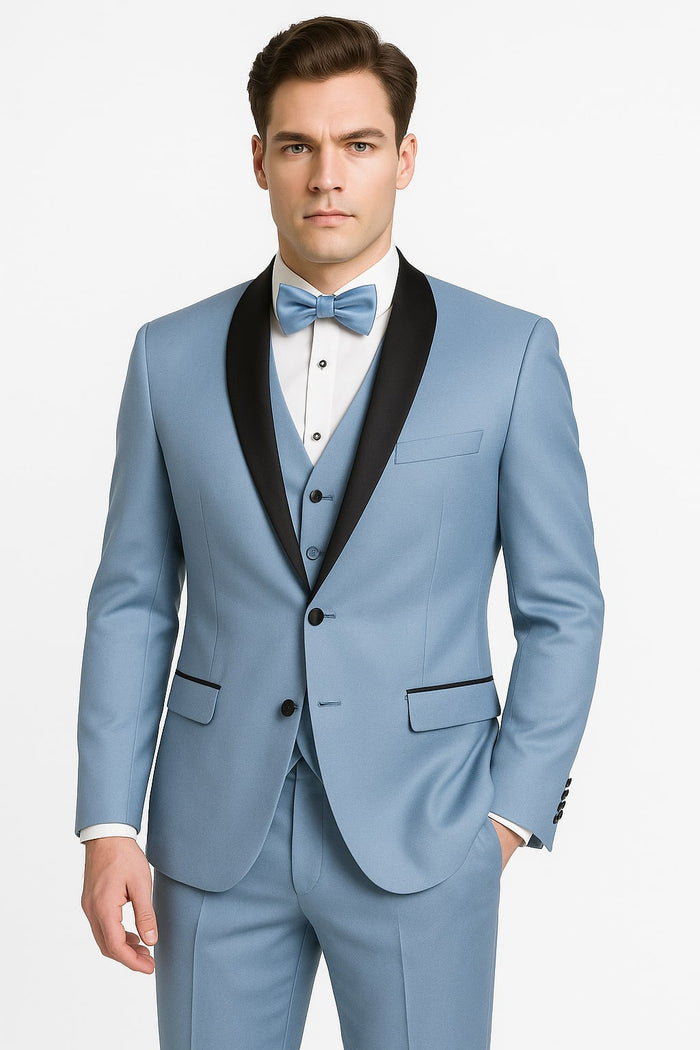 Sky Blue Tuxedo with Black Shawl Lapel Slim Fit Prom and Wedding Suit in Baby Blue Color - Light Blue by USA Men's Outlet