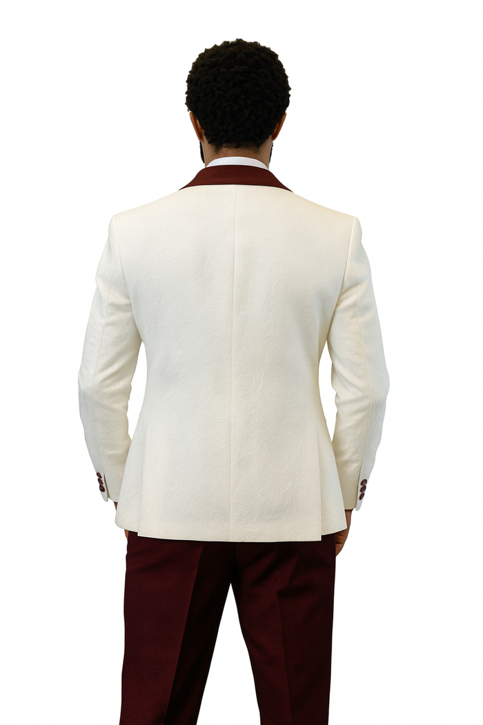 Hilton White and Burgundy Paisley Peak Lapel Tuxedo Jacket with Matching Shawl Vest and Wool Pants - Includes Bow Tie by USA Men's Outlet