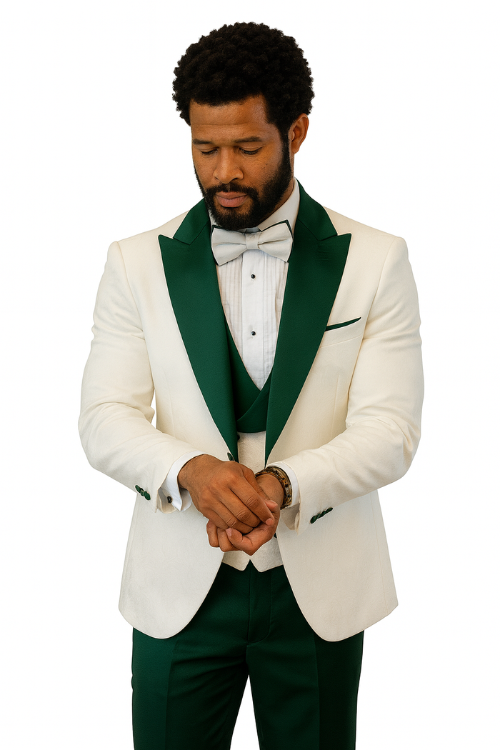 Hilton White and Hunter Green Paisley Peak Lapel Tuxedo Jacket with Matching Shawl Vest and Wool Pants - Includes Bow Tie by USA Men's Outlet