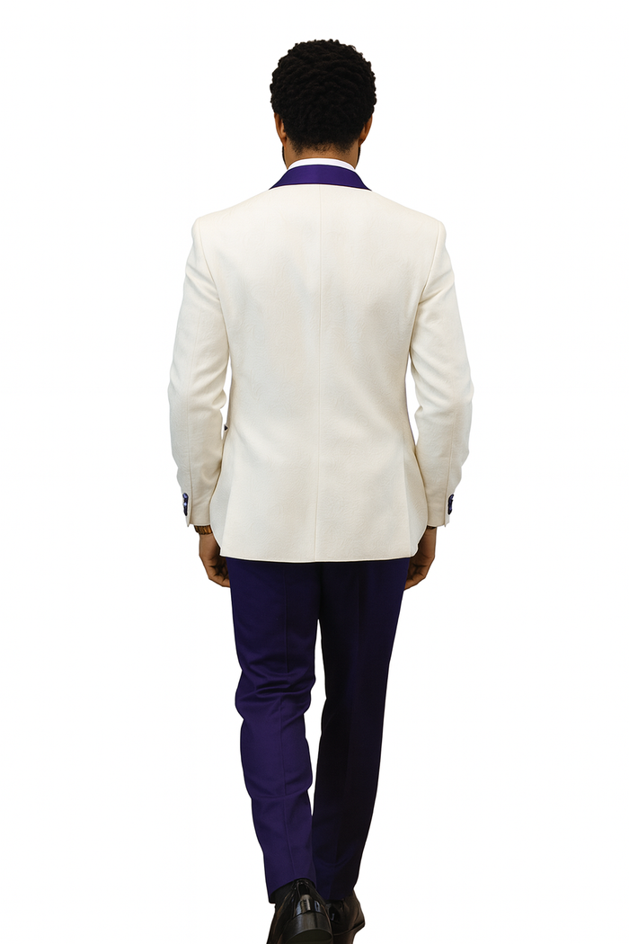 Hilton White and Purple Paisley Peak Lapel Tuxedo Jacket with Matching Shawl Vest and Wool Pants - Includes Bow Tie by USA Men's Outlet