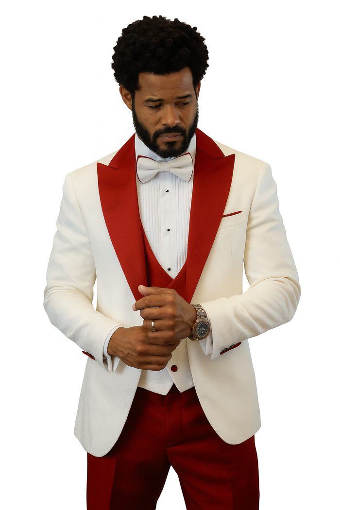Hilton White and Red Paisley Peak Lapel Tuxedo Jacket with Matching Shawl Vest and Wool Pants - Includes Bow Tie by USA Men's Outlet