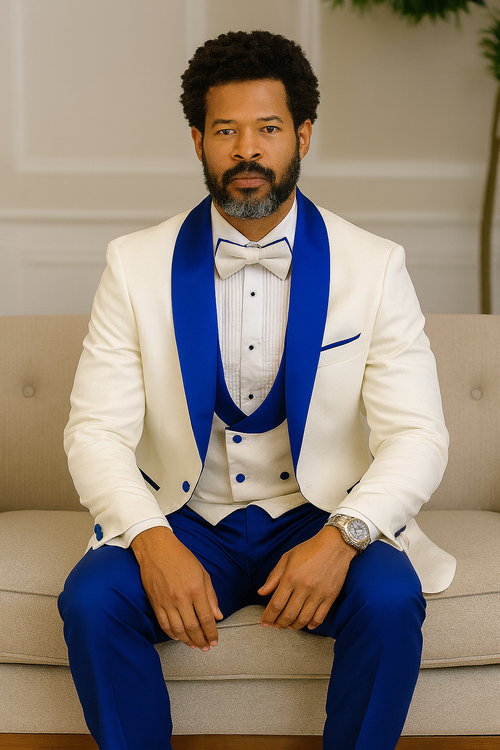 Hilton White and Royal Blue Paisley Peak Lapel Tuxedo Jacket with Matching Shawl Vest and Wool Pants - Includes Bow Tie by USA Men's Outlet