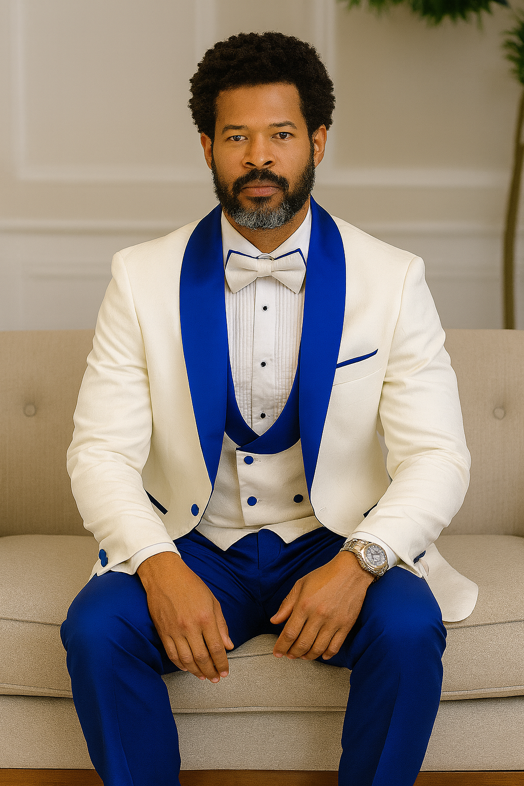 Hilton White and Royal Blue Paisley Peak Lapel Tuxedo Jacket with Matching Shawl Vest and Wool Pants - Includes Bow Tie by USA Men's Outlet