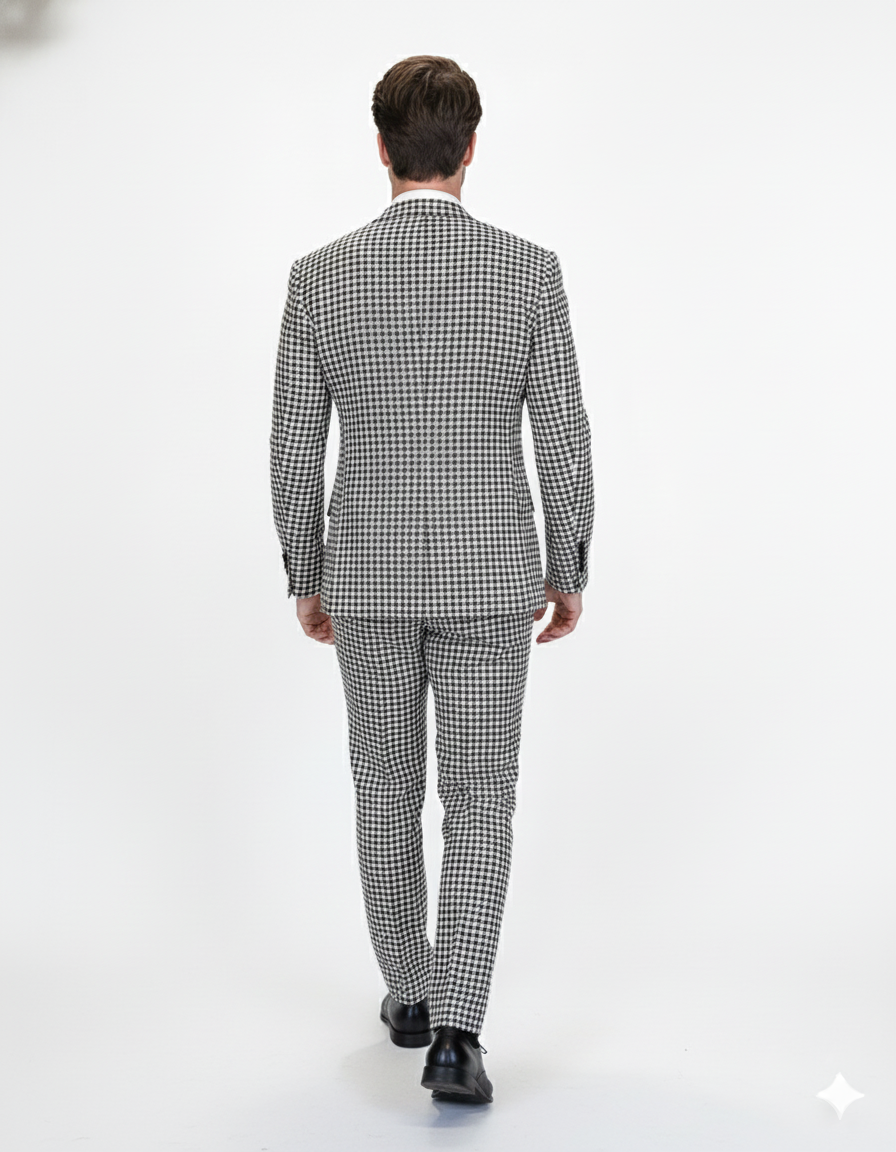 Double Breasted Suits - Vested Suits Wool Fabric - Black Houndstooth Suit by USA Men's Outlet