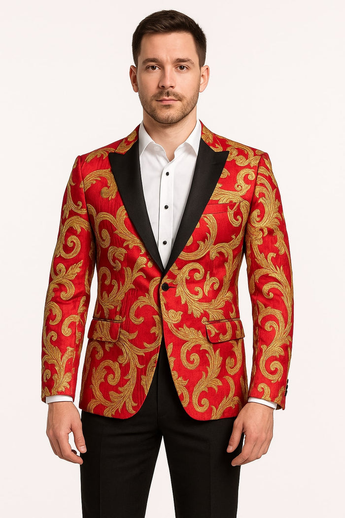 Men's Red and Gold Baroque Tuxedo Jacket with Black Satin Shawl Lapel by USA Men's Outlet