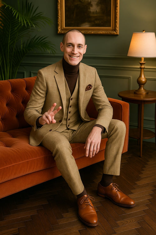 Mens Beige Plaid 3-Piece Suit – Classic Checkered Suit for Weddings, Church Vested Checkered Pattern