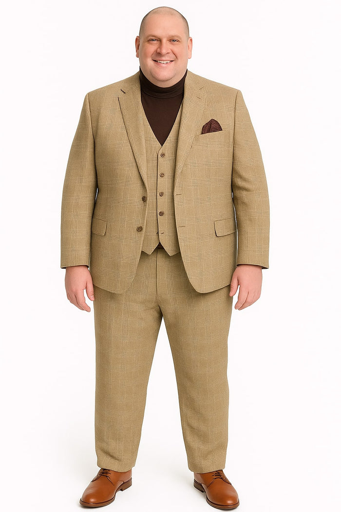 Mens Beige Plaid 3-Piece Suit - Classic Checkered Suit for Weddings, Church Vested Checkered Pattern by USA Men's Outlet