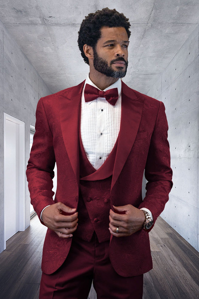 Men's Burgundy Paisley Vested Tuxedo for Weddings & Proms
