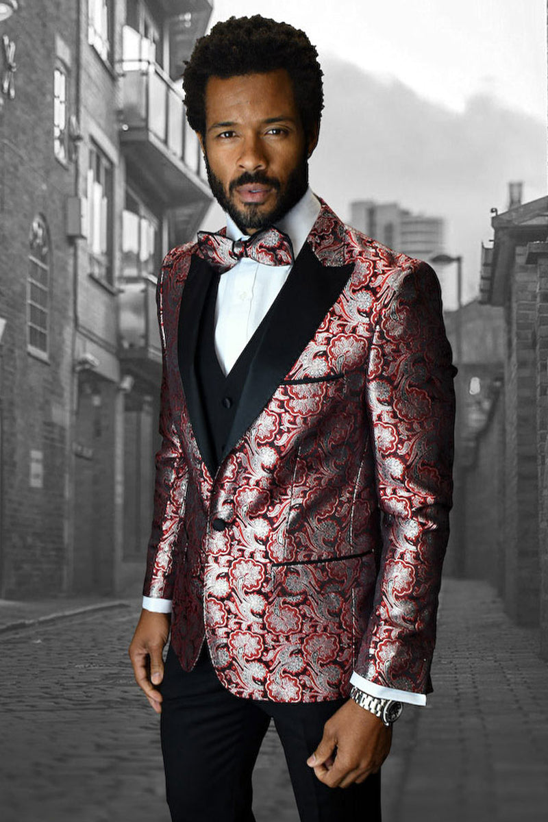 Men's Vested Satin Paisley Tuxedo in Red