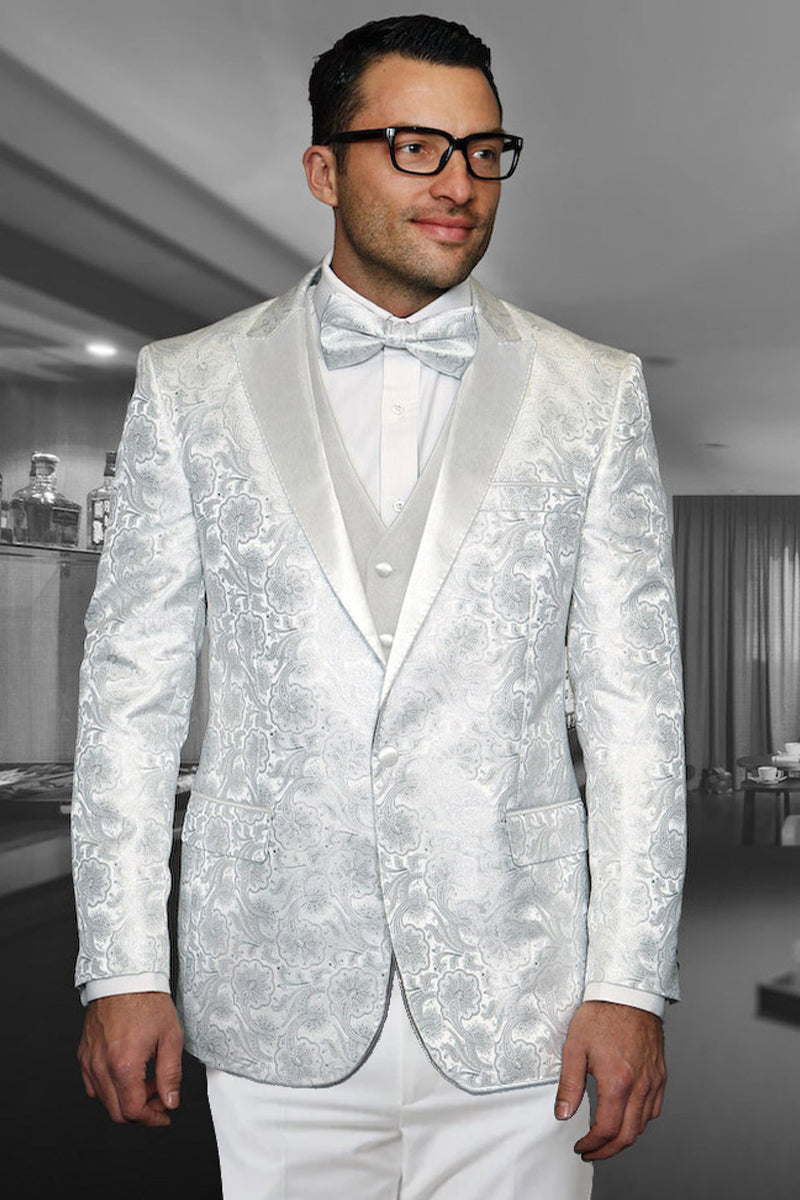 Men's Vested Satin Paisley Tuxedo in White