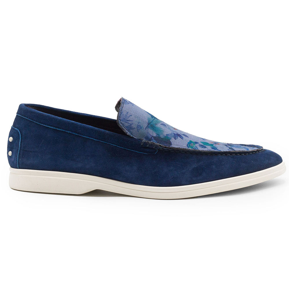 Zelli Bene Sueded Goatskin Loafer with Floral Fabric Vamp in Navy