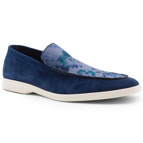 Zelli Bene Sueded Goatskin Loafer with Floral Fabric Vamp in Navy