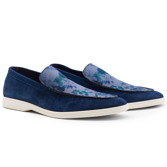 Zelli Bene Sueded Goatskin Loafer with Floral Fabric Vamp in Navy