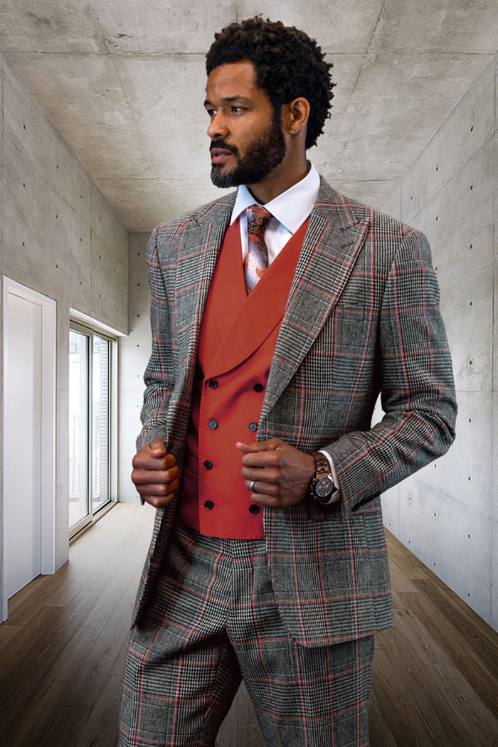 Men's Wool Vested Suit with Windowpane Pattern in Grey & Copper