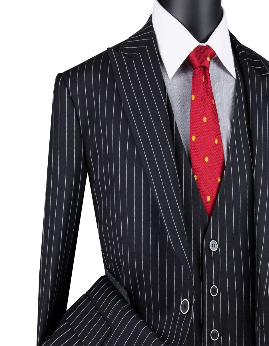 Mens Black Gangster Stripe Three Piece Classic Fit Suit by USA Men's Outlet