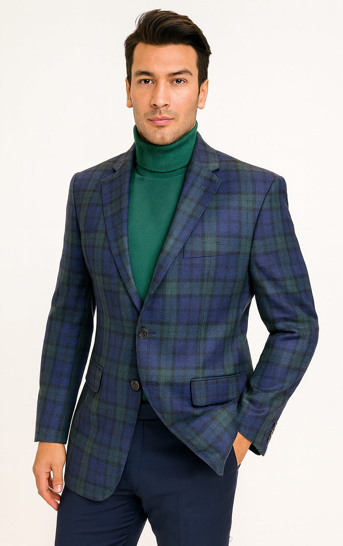 Big and Tall Plaid Sport Coat - Windowpane Checkered Scottish Pattern Party Blazer in Color Green and Blue Tartan