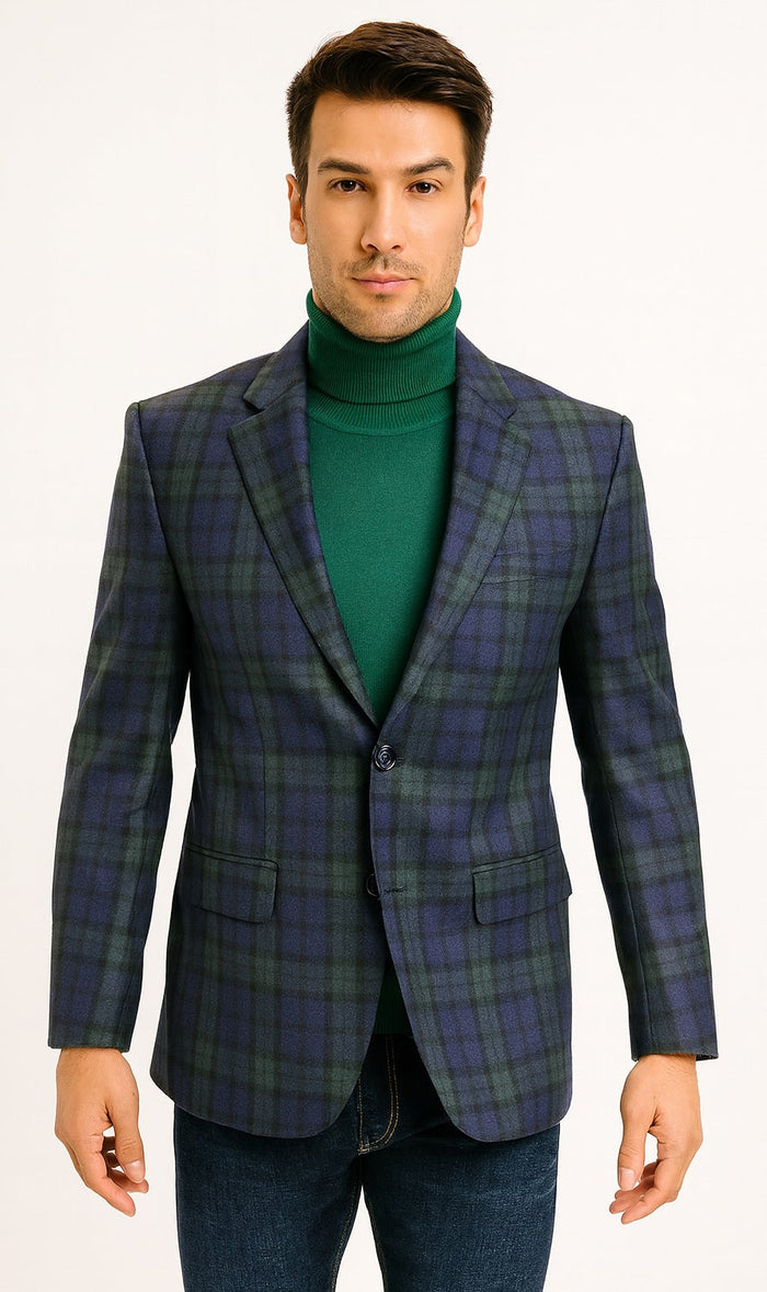 Big and Tall Plaid Sport Coat - Windowpane Checkered Scottish Pattern Party Blazer in Color Green and Blue Tartan