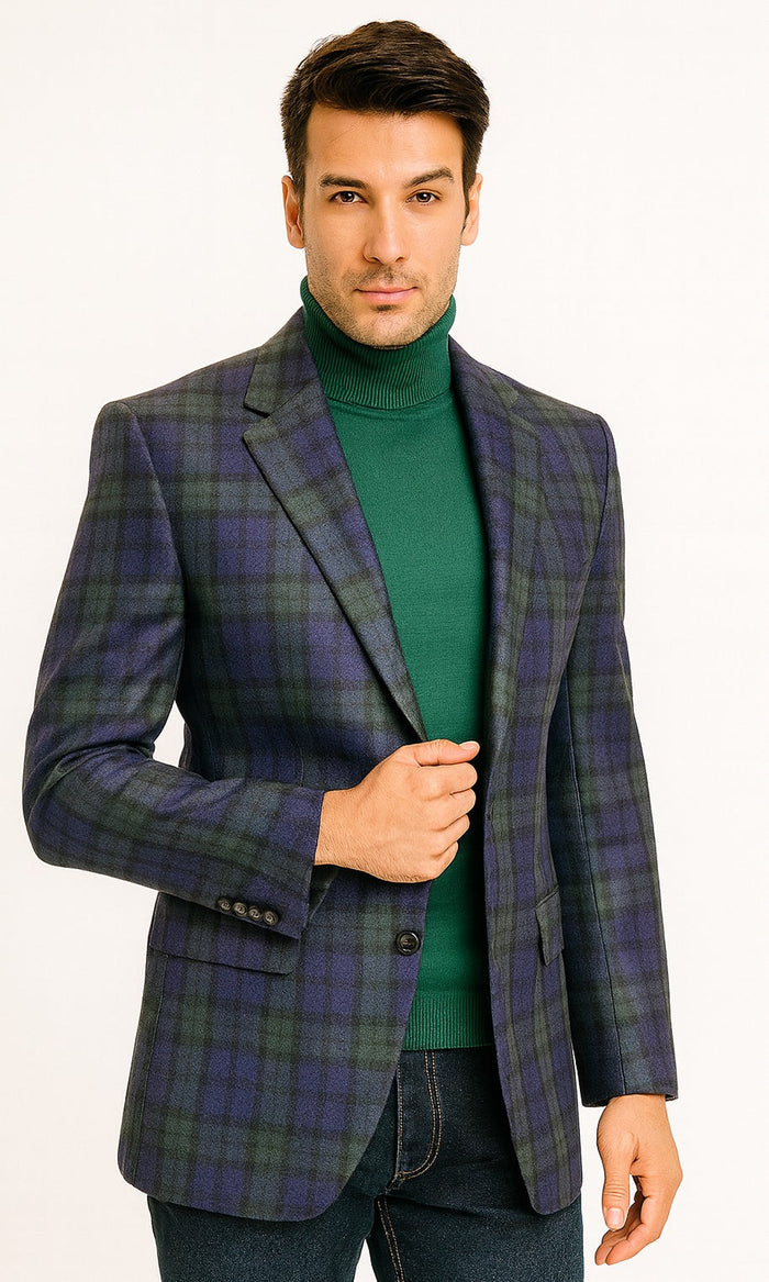 Big and Tall Plaid Sport Coat - Windowpane Checkered Scottish Pattern Party Blazer in Color Green and Blue Tartan