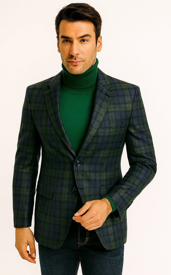 Big and Tall Plaid Sport Coat - Windowpane Checkered Scottish Pattern Party Blazer in Color Green and Blue Tartan
