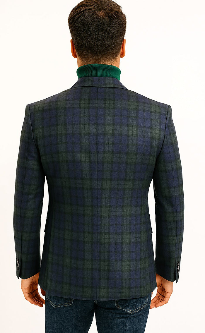 Big and Tall Plaid Sport Coat - Windowpane Checkered Scottish Pattern Party Blazer in Color Green and Blue Tartan