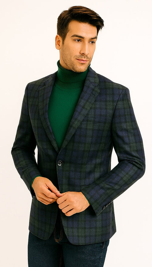 Big and Tall Plaid Sport Coat - Windowpane Checkered Scottish Pattern Party Blazer in Color Green and Blue Tartan