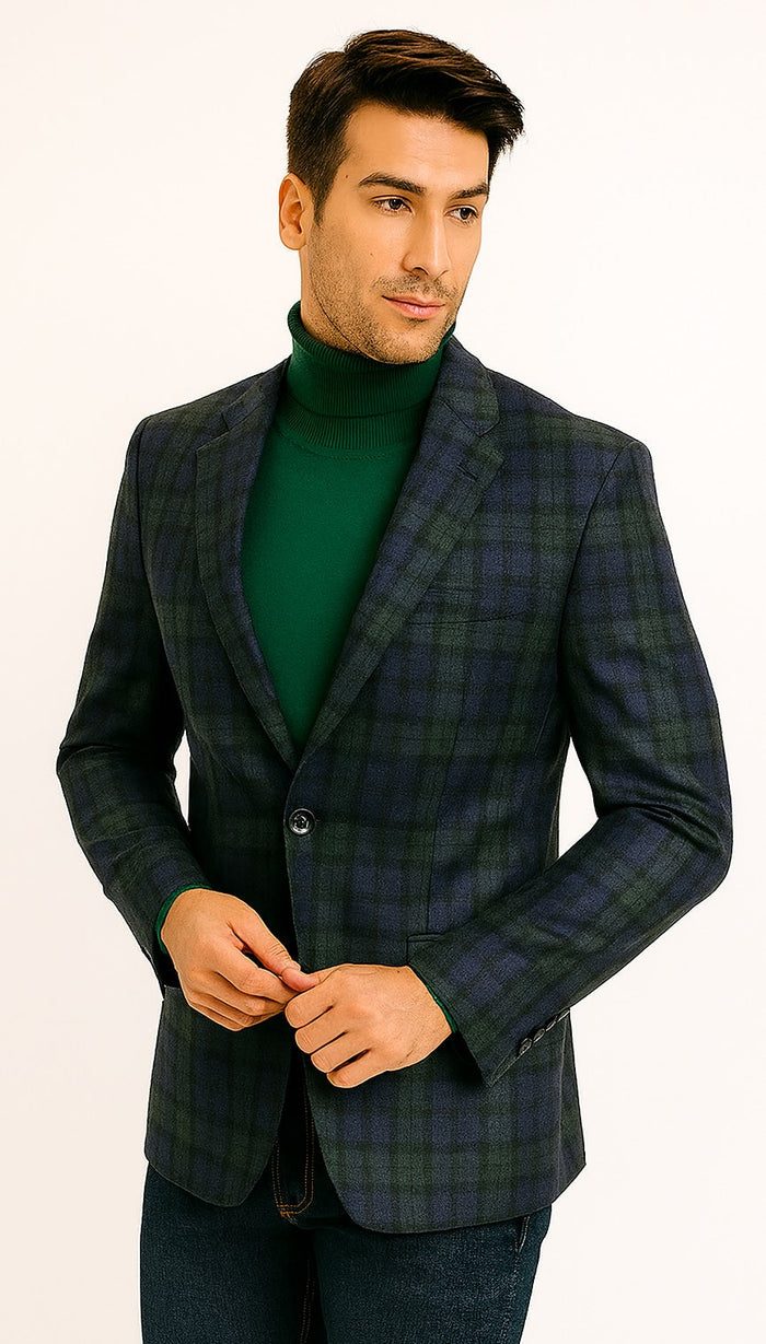Big and Tall Plaid Sport Coat - Windowpane Checkered Scottish Pattern Party Blazer in Color Green and Blue Tartan