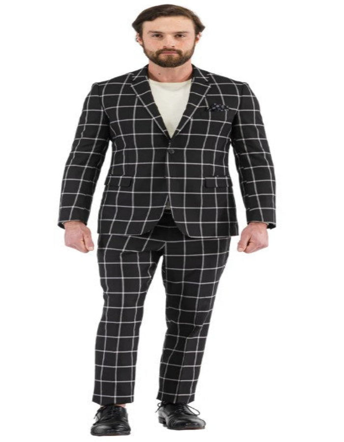 Mens Plaid Suits - Windowpane Pattern With Vest -Business Suit Black by USA Men's Outlet