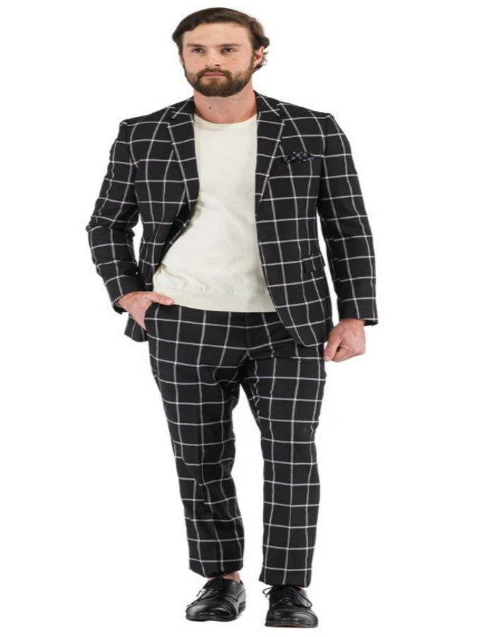 Mens Plaid Suits - Windowpane Pattern With Vest -Business Suit Black by USA Men's Outlet