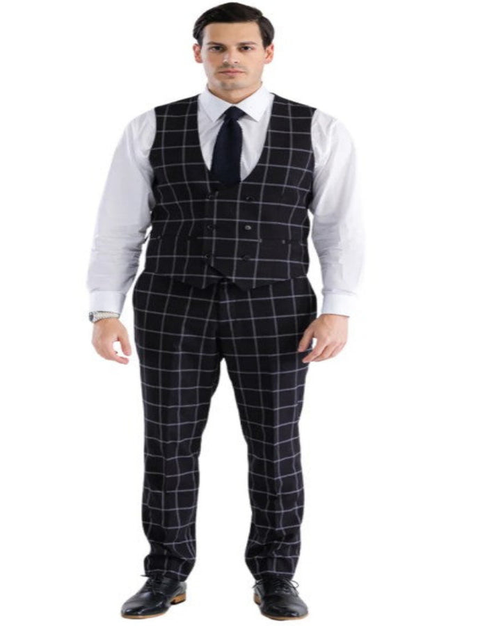 Mens Plaid Suit - Windowpane Pattern With Vest - Business Suit Black by USA Men's Outlet