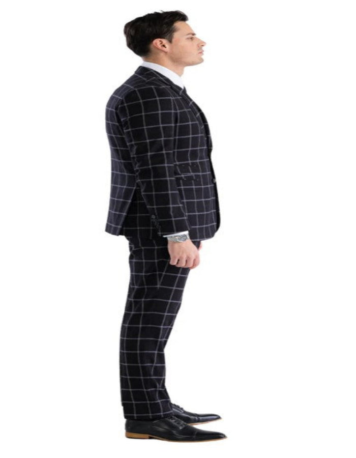 Mens Plaid Suit - Windowpane Pattern With Vest - Business Suit Black by USA Men's Outlet