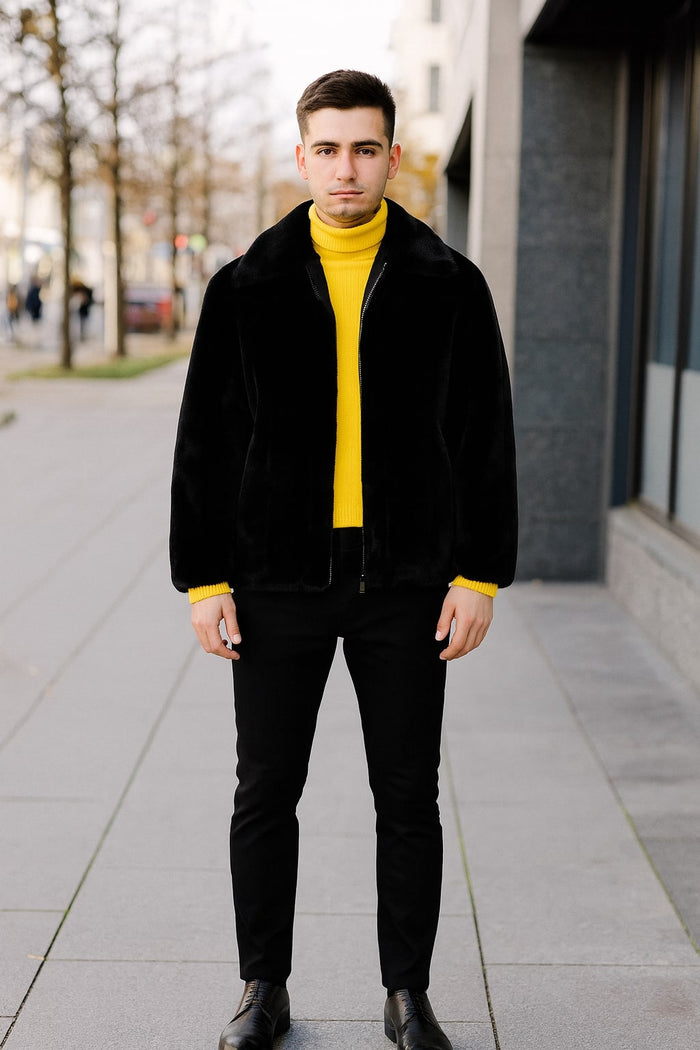 Mens Black Faux Fur Jacket - Luxury Winter Zip-Up Coat with Soft Plush Finish USA Men's Outlet