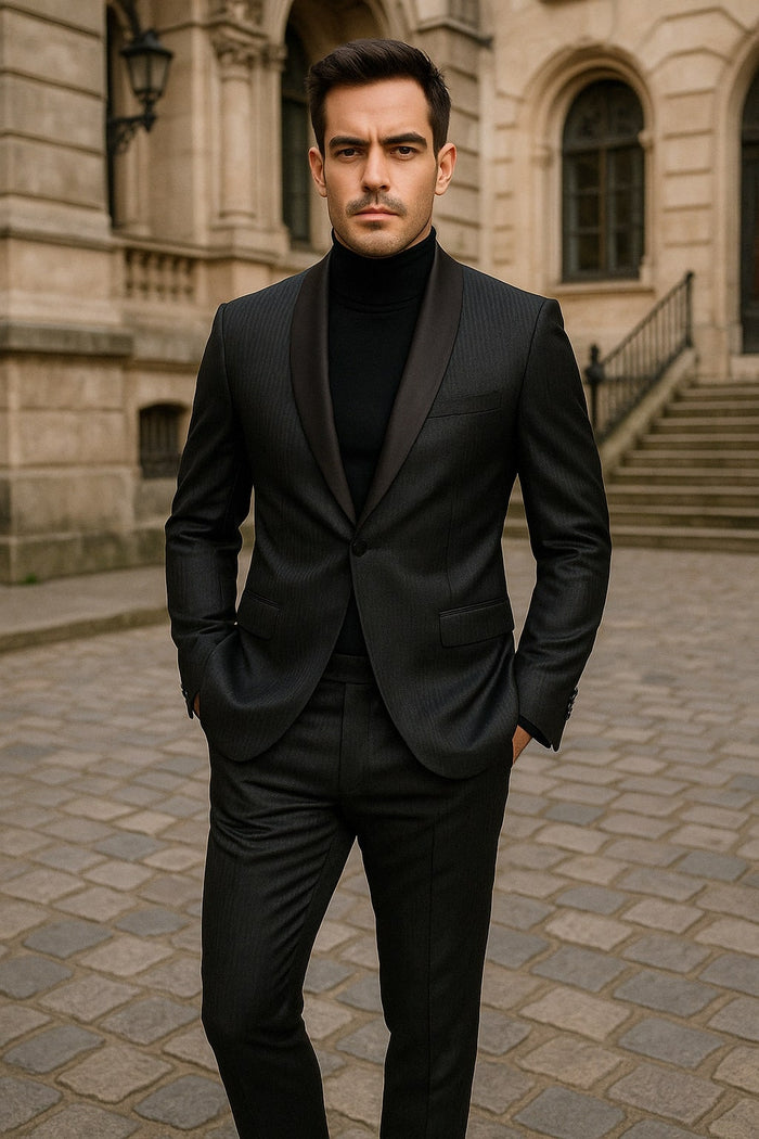 Mens Black Glitter Stripe Tuxedo with Satin Shawl Lapel - Slim Fit Formal Party Suit by USA Men's Outlet