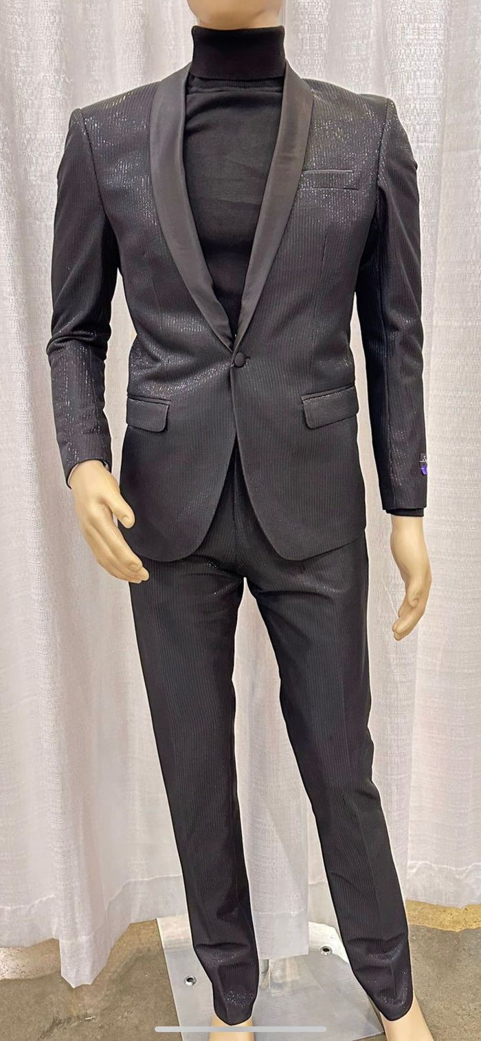 Mens Black Glitter Stripe Tuxedo with Satin Shawl Lapel - Slim Fit Formal Party Suit by USA Men's Outlet
