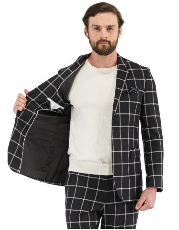 Mens Plaid Suits - Windowpane Pattern With Vest -Business Suit Black by USA Men's Outlet