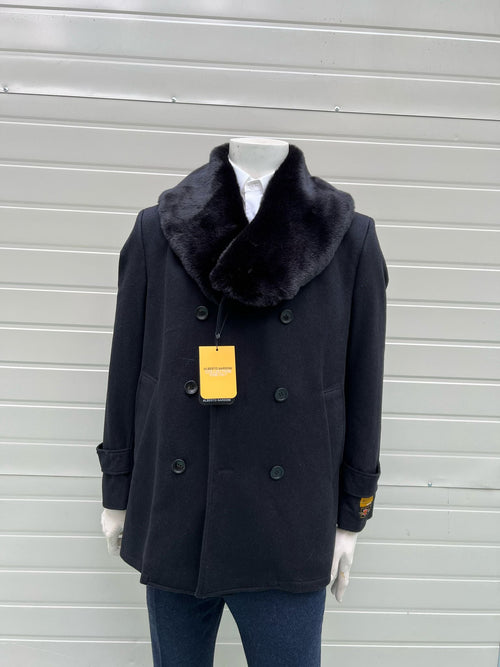 Mens Black Peacoat Wool Overcoat with Faux Fur Shawl Collar - Double-Breasted Winter Peacoat by USA Men's Outlet