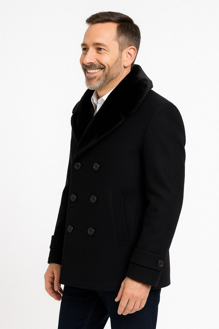 Mens Black Peacoat Wool Overcoat with Faux Fur Shawl Collar - Double-Breasted Winter Peacoat by USA Men's Outlet