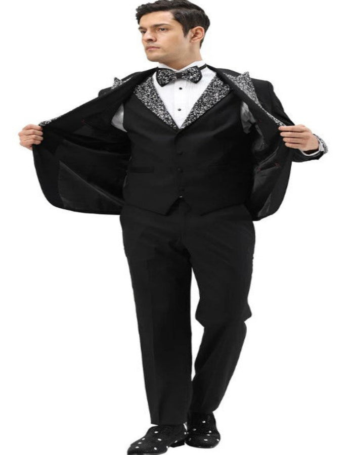 Black Prom Tuxedo - Perfect Wedding Suit Vested Rhinestone Lapelled USA Men's Outlet